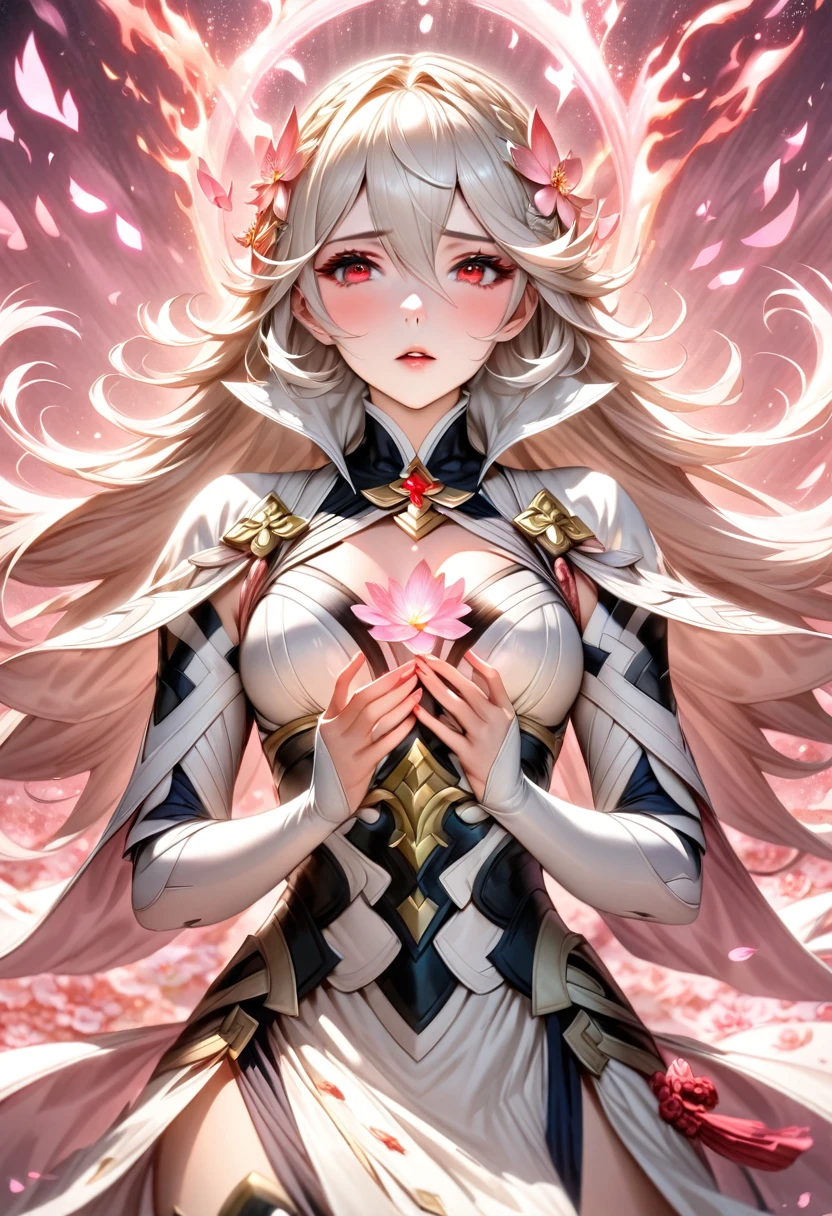 absurdres, highres, ultra detailed, HDR, master piece, best quality, Corrin, long white hair, expressive red eyes, fire emblem fates, solo, woman, beautiful, white clothes, pink butterflies, petals, pink flowers, magical, fantasy, glittering, pink background