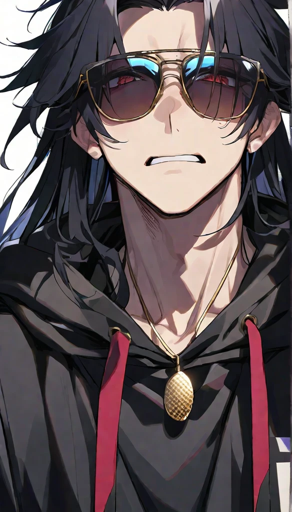 solo, handsome, 1. male, Straight Long Hair, black hair, red eyes&Soft look, Gojo Satoru ,Black oversized hoodie,,skin,Sexy,sunglasses,Golden Necklace,Embarrassed,White background
