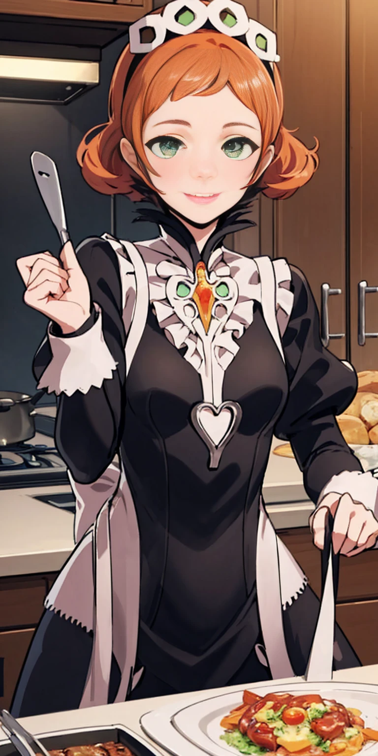 masterpiece, best quality, syrene, green eyes, headband, fates maid, kitchen, upper body, cooking, smile