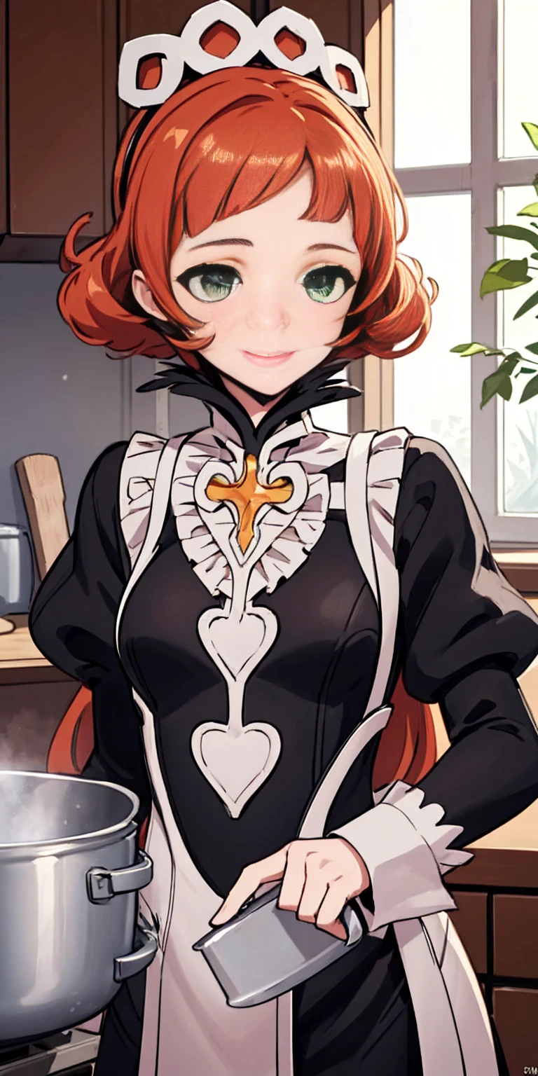 masterpiece, best quality, syrene, green eyes, headband, fates maid, kitchen, upper body, cooking, smile