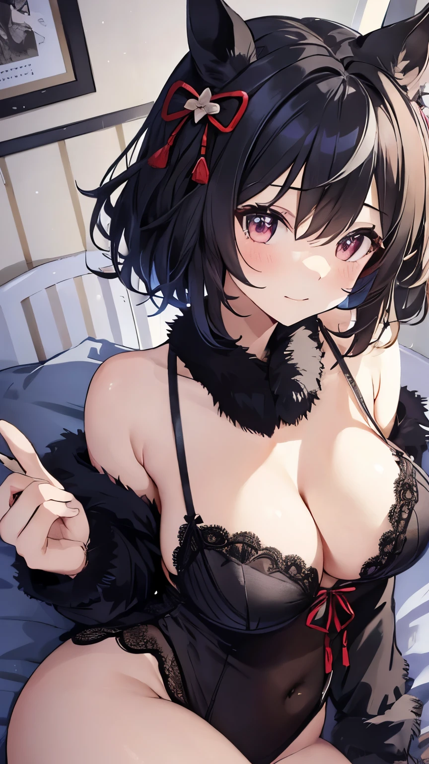 ((masterpiece,highest quality)), Movie angle,(Kitasan black_umamusume),Animal ears, short hair, Striped Hair, hair ornaments, Horse tail,(Black lingerie underwear、Cleavage、Sleeping in bed、Spread your legs、Seductive pose、Reaching for the camera),nice,Long faux fur,hairpin, alone, Shy smile, blush,Are standing,Looking at the audience,