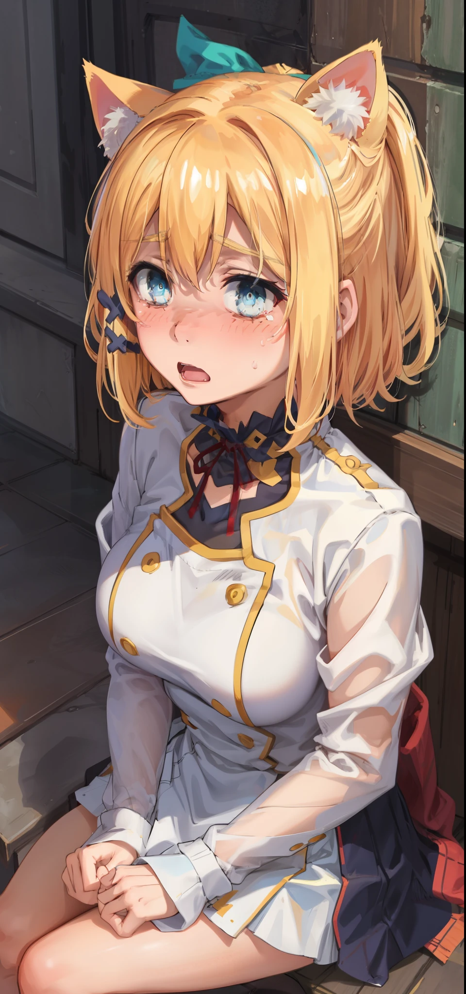 best quality, (masterpiece:1.2), detailed, medieval,
Rumia Tingel,
1girl, solo, ((blush)),
medium hair, blonde hair, short ponytail, blue eyes, green bow, x hair ornament,
((( blue eyes, ultra-detailed eyes))),
Dynamic pose, ((blush)), medium breasts, medium hair, background, perfect anatomy, healthy skin, glowing eyes, cat ears. sitting .scared expression.