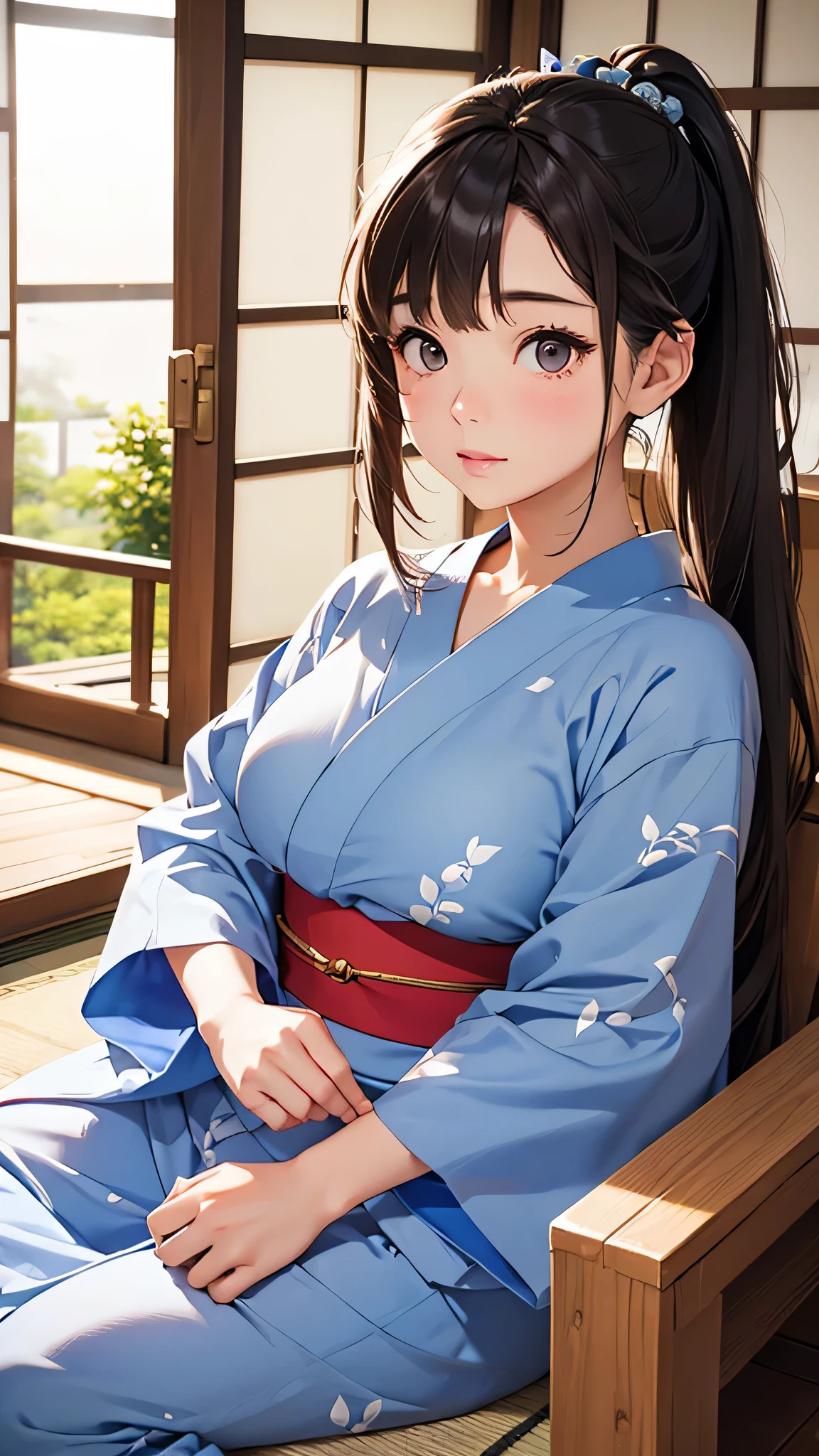 highest quality、Realistic、female、Japanese、zoom、cute、Plump、Gray Eyes、Chestnut Hair、Bonytail、Blue yukata