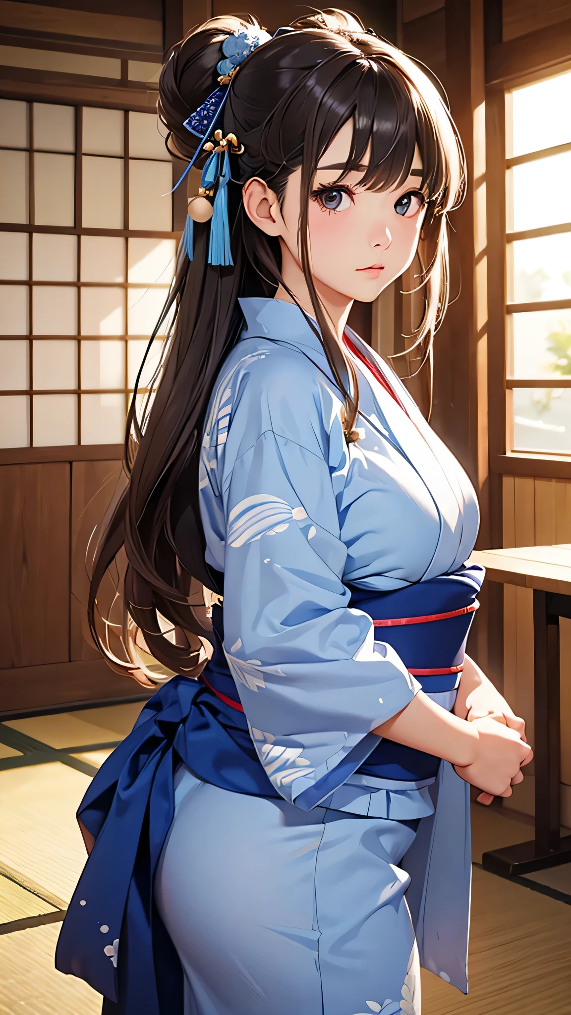 highest quality、Realistic、female、Japanese、zoom、cute、Plump、Gray Eyes、Chestnut Hair、Bonytail、Blue yukata
