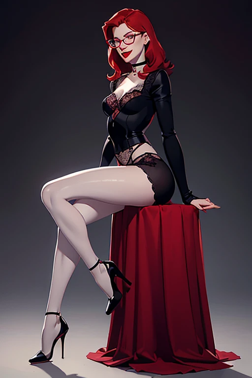 (full body:1.4), Tall, slender ((redhead)) woman of Irish descent. (pale:1.3)complexion. blue eyes, cute butt, nice legs. Kind eyes, naughty smile. Eyeglasses, red lipstick, choker. Sheer lace lingerie, (black stockings), stiletto heels. (Aroused). (sitting), legs crossed.
