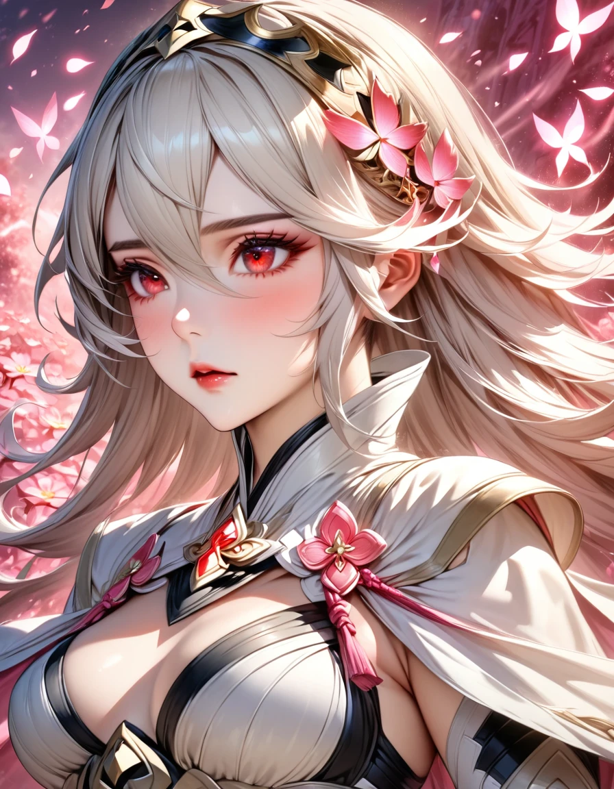 absurdres, highres, ultra detailed, HDR, master piece, best quality, Corrin, long white hair, expressive red eyes, fire emblem fates, solo, woman, beautiful, white clothes, pink butterflies, petals, pink flowers, magical, fantasy, glittering, pink background