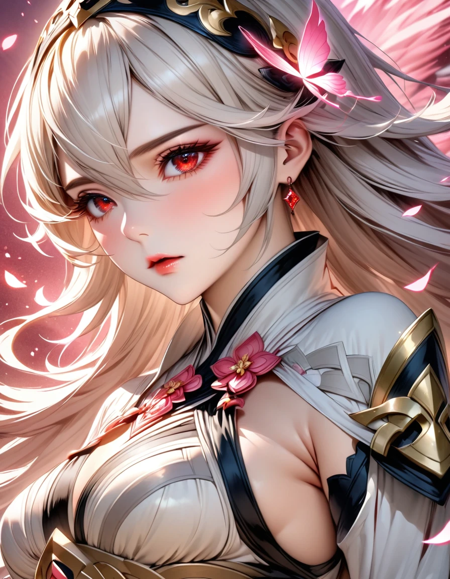 absurdres, highres, ultra detailed, HDR, master piece, best quality, Corrin, long white hair, expressive red eyes, fire emblem fates, solo, woman, beautiful, white clothes, pink butterflies, petals, pink flowers, magical, fantasy, glittering, pink background