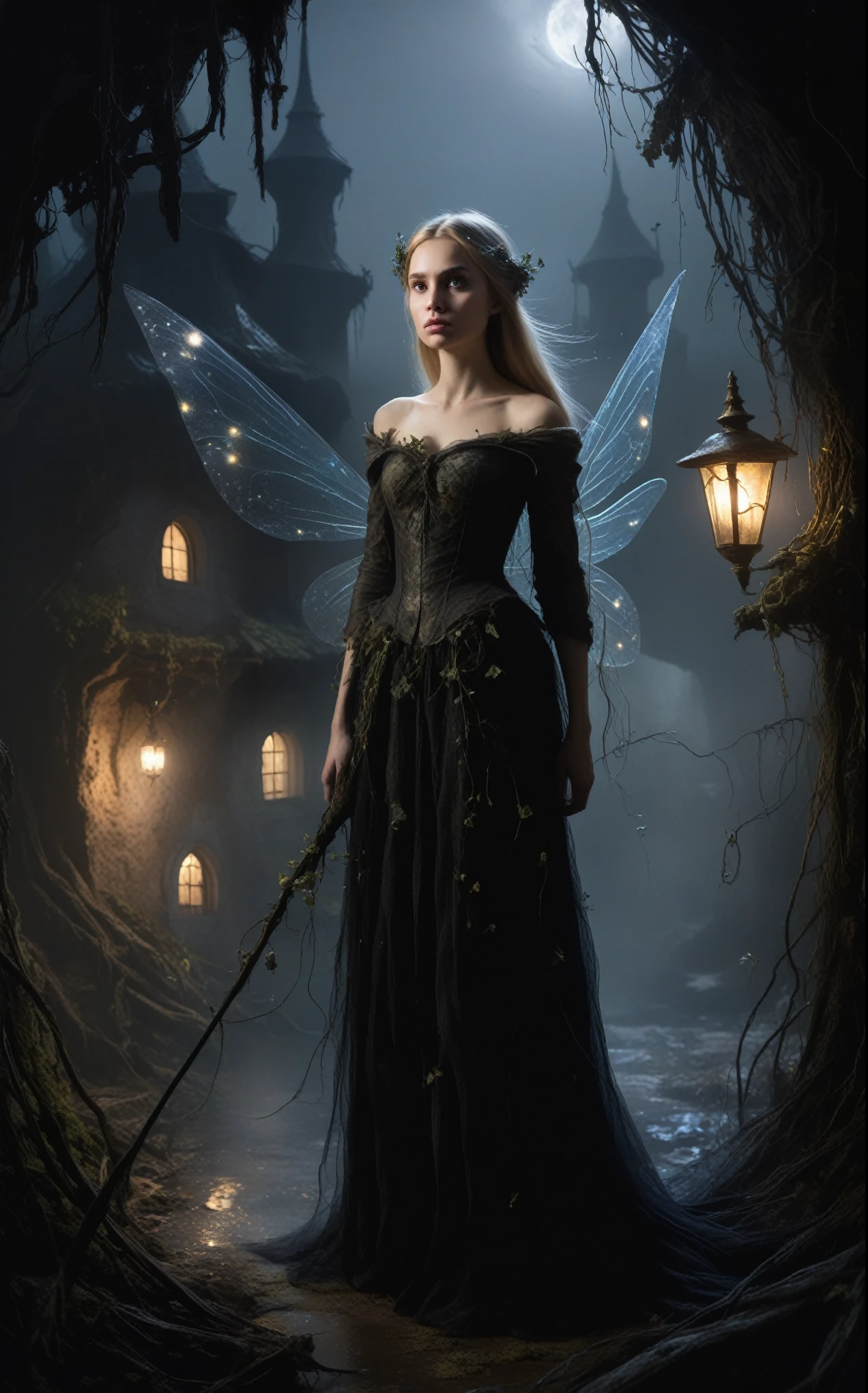 Rapunzel,((angry fairies)) with her babe,ominous fairy's land,hidden laser illumination,ominous places,threatening town,evening,Iryna Yermolova,Nicola Samori
