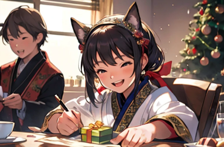 Masterpieces with up to 16K resolution:1.6), (Intricate details:1.4), (Very crazy details:1.4),(highest quality:1.3). | Realistic,gift,table,Decorations,wrapping ,ribbon,present,Holiday spirit,Vibrant colors,Warm lighting,Cozy atmosphere,toy,card,Joyful,celebration,Exquisite detail,An exciting surprise,光沢のあるDecorations,Sparkling,Beautifully packaged,Excited kids,Expectations,Fun moments,Great memories,Family Gatherings,Bright Face,abundance of present,High resolution,超High resolution,Studio Lighting,Ultra-fine painting,Sharp focus,Physically Based Rendering,Professional,Vibrant colors,Bokeh.