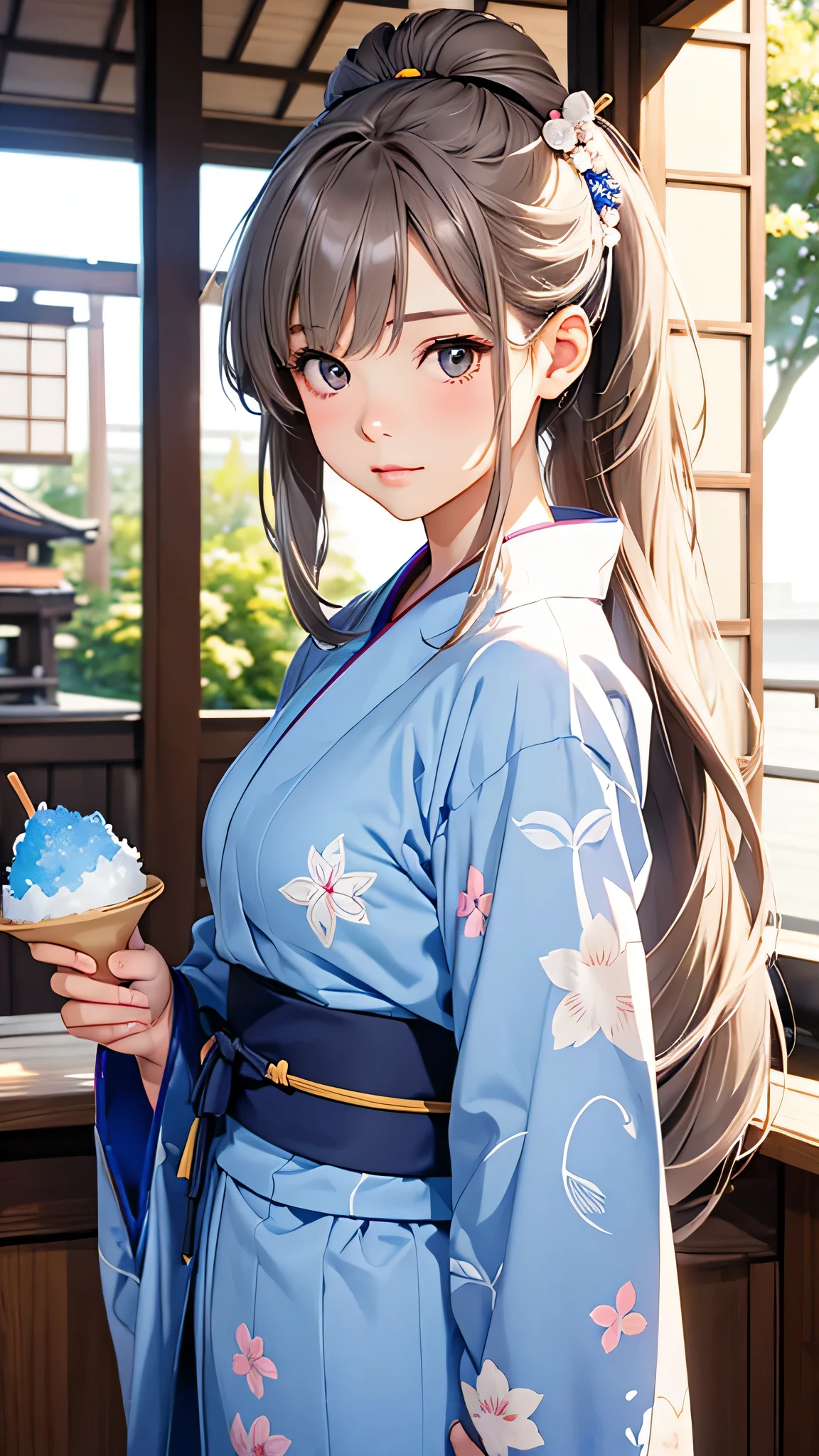 highest quality、Realistic、female、Japanese、zoom、cute、Gray Eyes、Chestnut Hair、Bonytail、Blue yukata、shaved ice