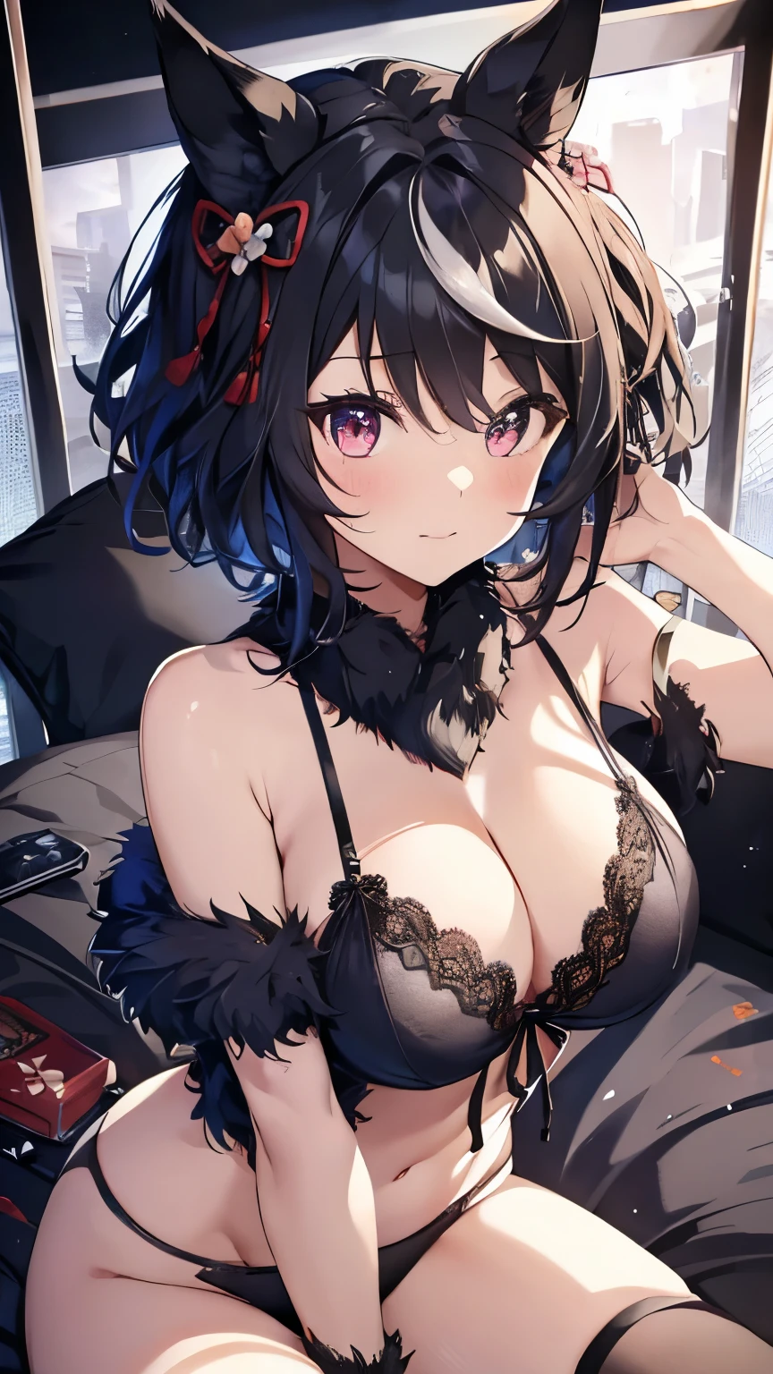((masterpiece,highest quality)), Movie angle,(Kitasan black_umamusume),Animal ears, short hair, Striped Hair, hair ornaments, Horse tail,(Black lingerie underwear、Cleavage、Sleeping in bed、Spread your legs、Seductive pose、Reaching for the camera),nice,Long faux fur,hairpin, alone, Shy smile, blush,Are standing,Looking at the audience,