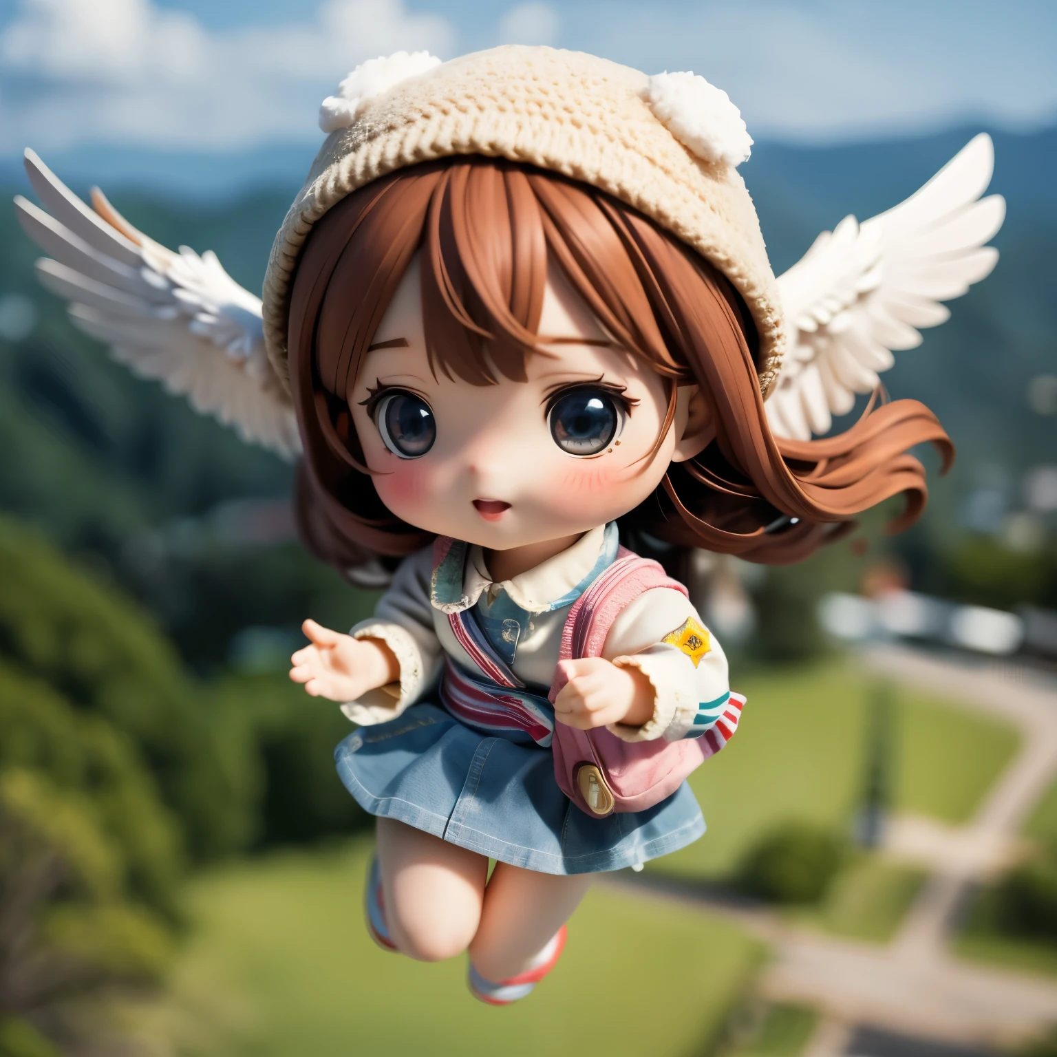 Photorealistic、Chibi Girl Doll（A  flying through the sky on the back of an eagle）