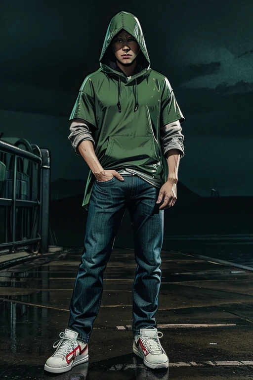 Man in Hooded poncho Raincoat Color: Green and darkened face cap and jeans and converse sneakers Heroic Presence Serious and strong pose Rolled-up sleeves 