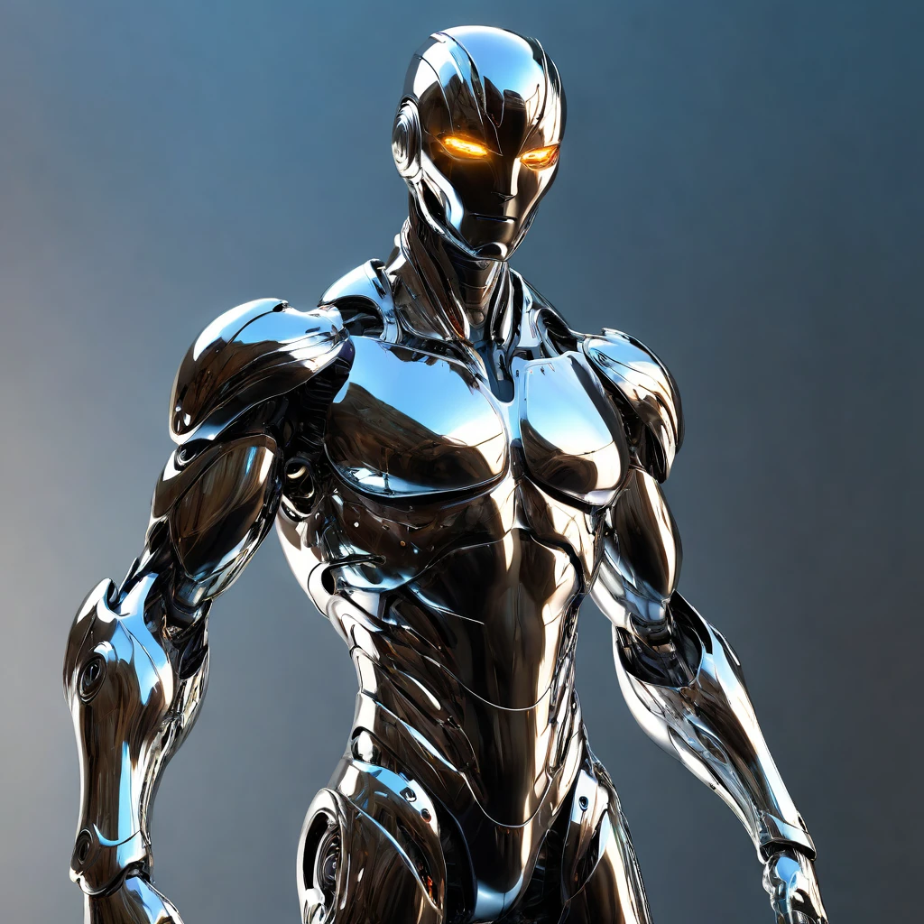 A shiny, metallic humanoid figure, chrome liquid metal body, highly detailed features, glowing eyes, seamless joints, flowing liquid movements, surreal and futuristic atmosphere, cinematic lighting, dramatic shadows, vibrant color palette, photorealistic rendering, digital art, concept art