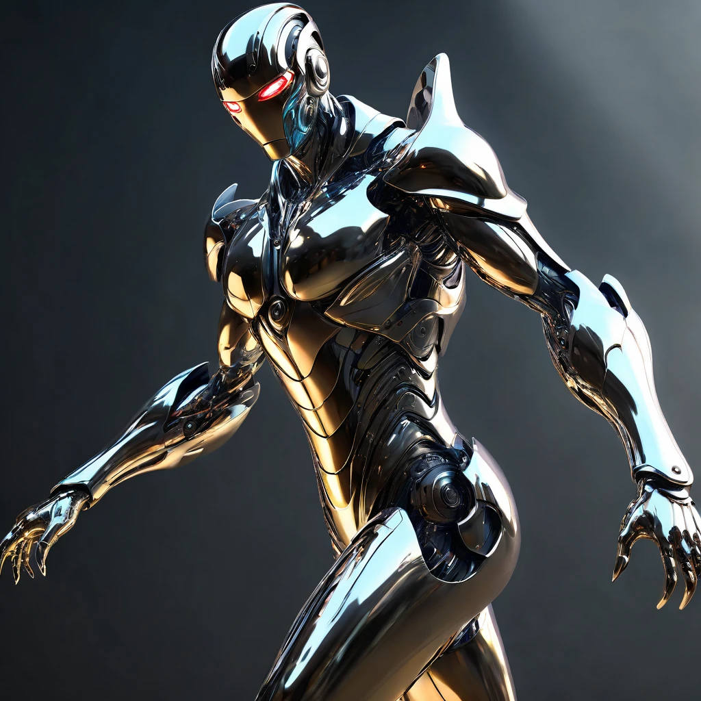 A shiny, metallic humanoid figure, chrome liquid metal body, highly detailed features, glowing eyes, seamless joints, flowing liquid movements, surreal and futuristic atmosphere, cinematic lighting, dramatic shadows, vibrant color palette, photorealistic rendering, digital art, concept art