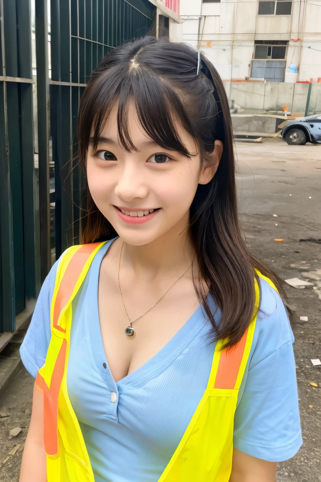 A 19-year-old girl with a very cute face like an idol who looks 15.、Gentle and cute、A kind smile、Taking a break with construction workers、Yellow Helmet、Work clothes、Cleavage、彼女は暑いのでWork clothesの前を開けて下着がはっきり見える、whole body、RAW Photos、Genuine、Genuine、High resolution、Genuine Life