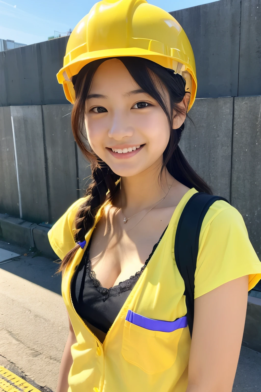 A 19-year-old girl with a very cute face like an idol who looks 15.、Gentle and cute、A kind smile、Taking a break with construction workers、Yellow Helmet、Work clothes、Cleavage、彼女は暑いのでWork clothesの前を開けて下着がはっきり見える、whole body、RAW Photos、Genuine、Genuine、High resolution、Genuine Life