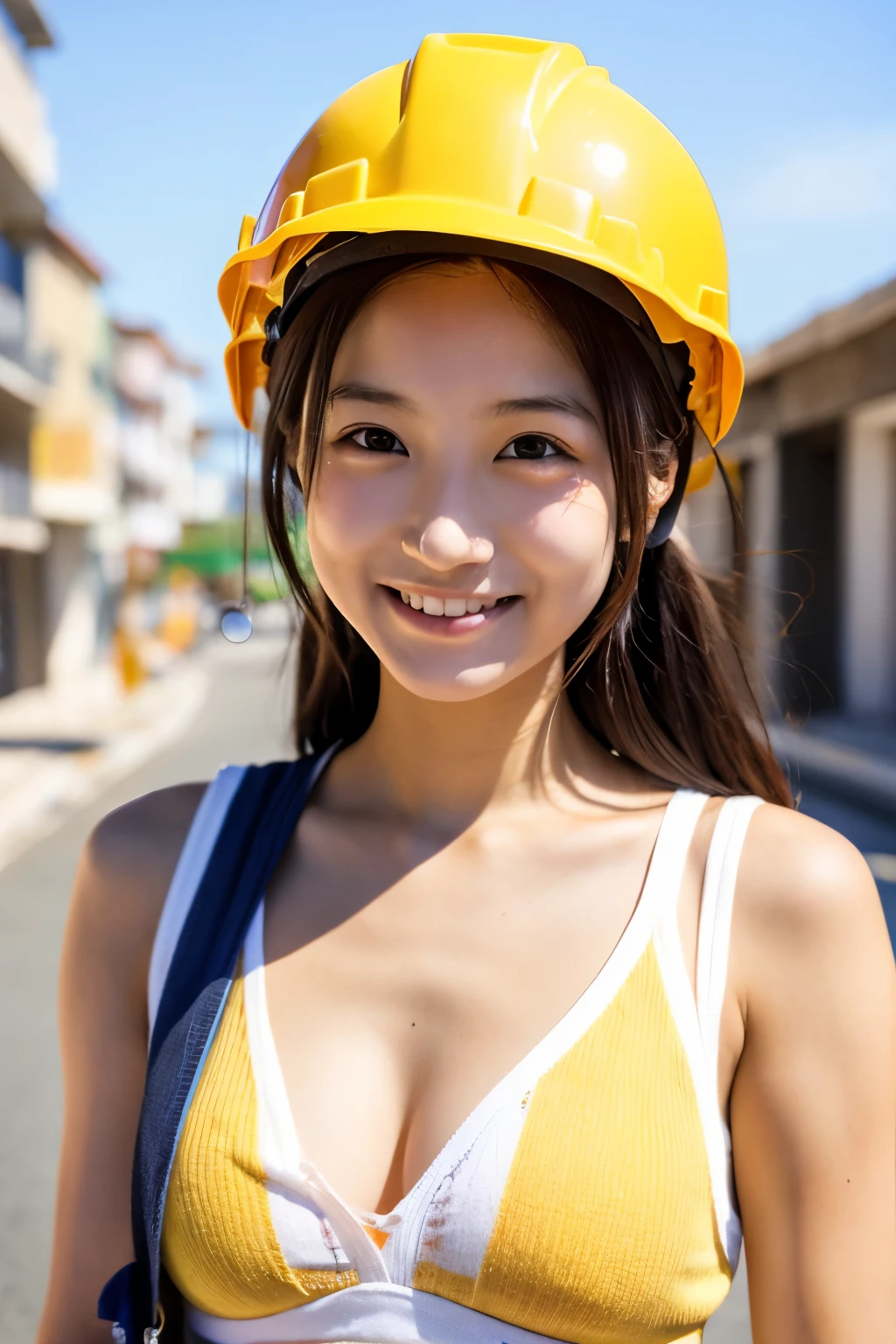 A 19-year-old girl with a very cute face like an idol who looks 15.、Gentle and cute、A kind smile、Taking a break with construction workers、Yellow Helmet、Work clothes、Cleavage、彼女は暑いのでWork clothesの前を開けて下着がはっきり見える、whole body、RAW Photos、Genuine、Genuine、High resolution、Genuine Life