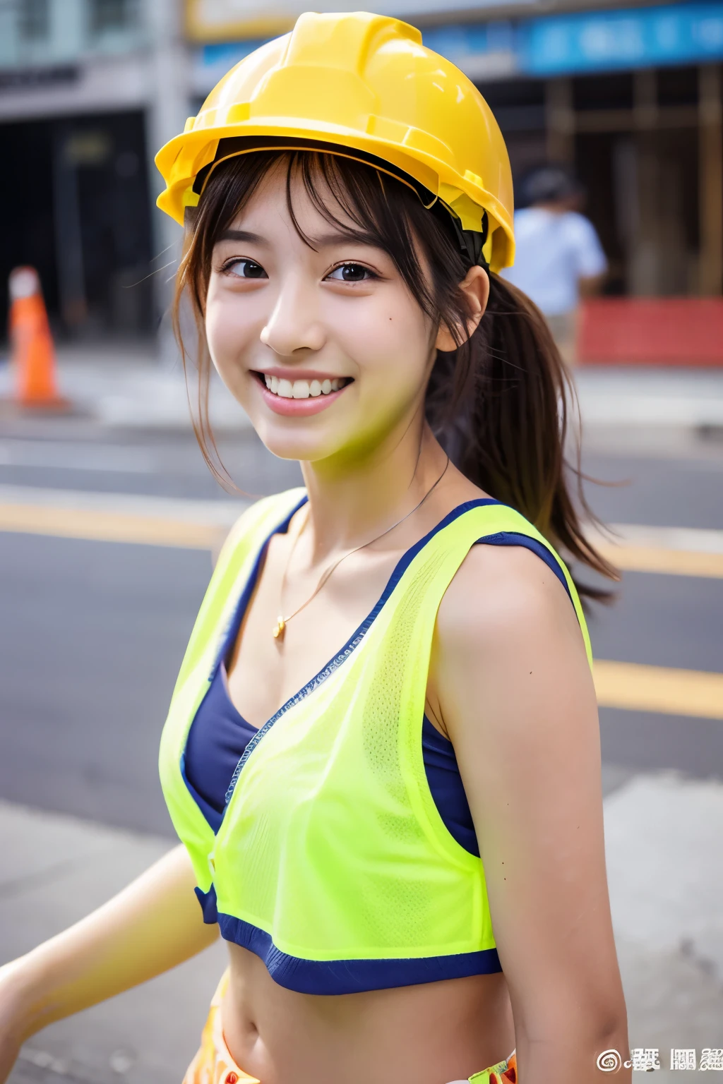 A 19-year-old girl with a very cute face like an idol who looks 15.、Gentle and cute、A kind smile、Taking a break with construction workers、Yellow Helmet、Work clothes、Cleavage、彼女は暑いのでWork clothesの前を開けて下着がはっきり見える、whole body、RAW Photos、Genuine、Genuine、High resolution、Genuine Life