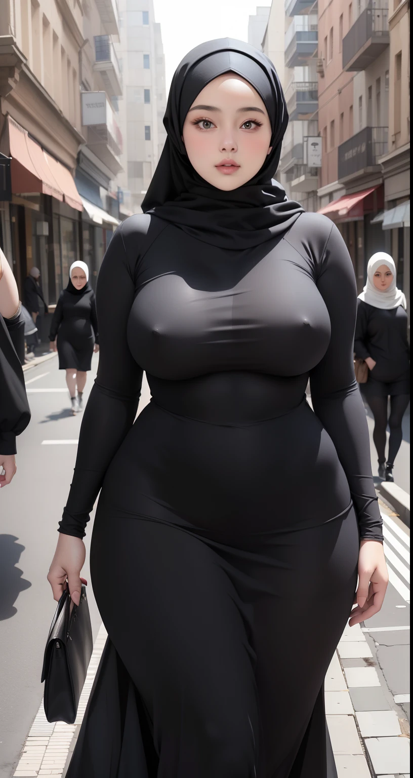 Naked woman in opened black and hijab walking down the street, , naked hijab outfit, , naked hijab fashion model, plus size, plus size woman, , naked woman , beautiful naked woman, thicc, black outfit,, bbwchan