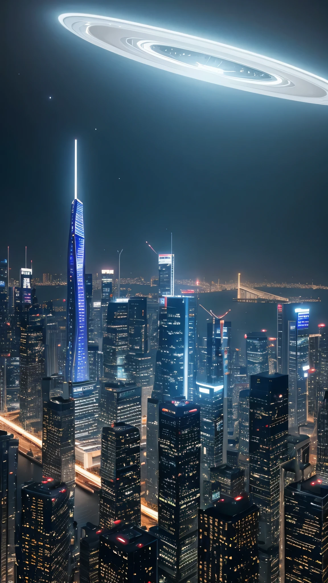 Uma qualidade de imagem ultra-alta、Maximum quality、Cidade do Futuro、ciberpunk、luz vibrante、skyscrapers、Nas nuvens、View of the universe、Mundo SF、