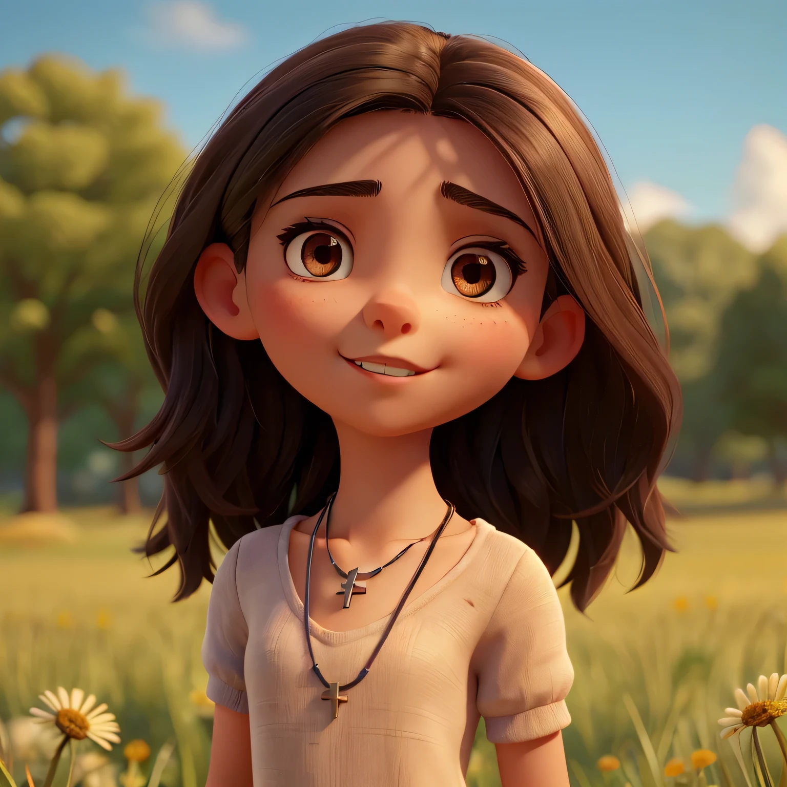 a young woman with dark colored eyes, small and slanted eyes, thin and delicate face, straight dark hair, not too dark skin, big lips, beautiful teeth, small nose, is dressed in red clothes, in a grassy field with a necklace of cross on the neck
