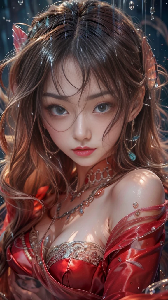 (RAW shooting, The perspective is from the top, Dynamic flow of water waves:1.2, 32k:1.5, highest quality, masterpiece, Ultra-high resolution), (night, Ocean:0.7, Elegant background:0.7, Mystical Expressions:1.3, Expressions of sadness:1.0), Perfect dynamic composition:1.3, 非常にdetailedな肌と顔の質感:1.3, (Slim Mermaid:1.3, Mermaid tail), Random Shot, Fair skin:1.2, Incredibly slim body:1.2, Fractal Art:1.1, Very beautiful face:1.1, Water droplets on the skin, detailed, (Rain drips down on my body:0.9, Wet body:0.9, Wet Hair:1.0), (Posing Pro:0.9, With a wet bouquet:0.9, Gorgeous red shiny mermaid dress portrait:1.1, Woven Belt), Shapely breasts, (Big eyes that exude beautiful eroticism:0.5, Lips that exude beautiful eroticism:0.5), Totally captivates you, Very sweet atmosphere, necklace, Earrings, bracelet
