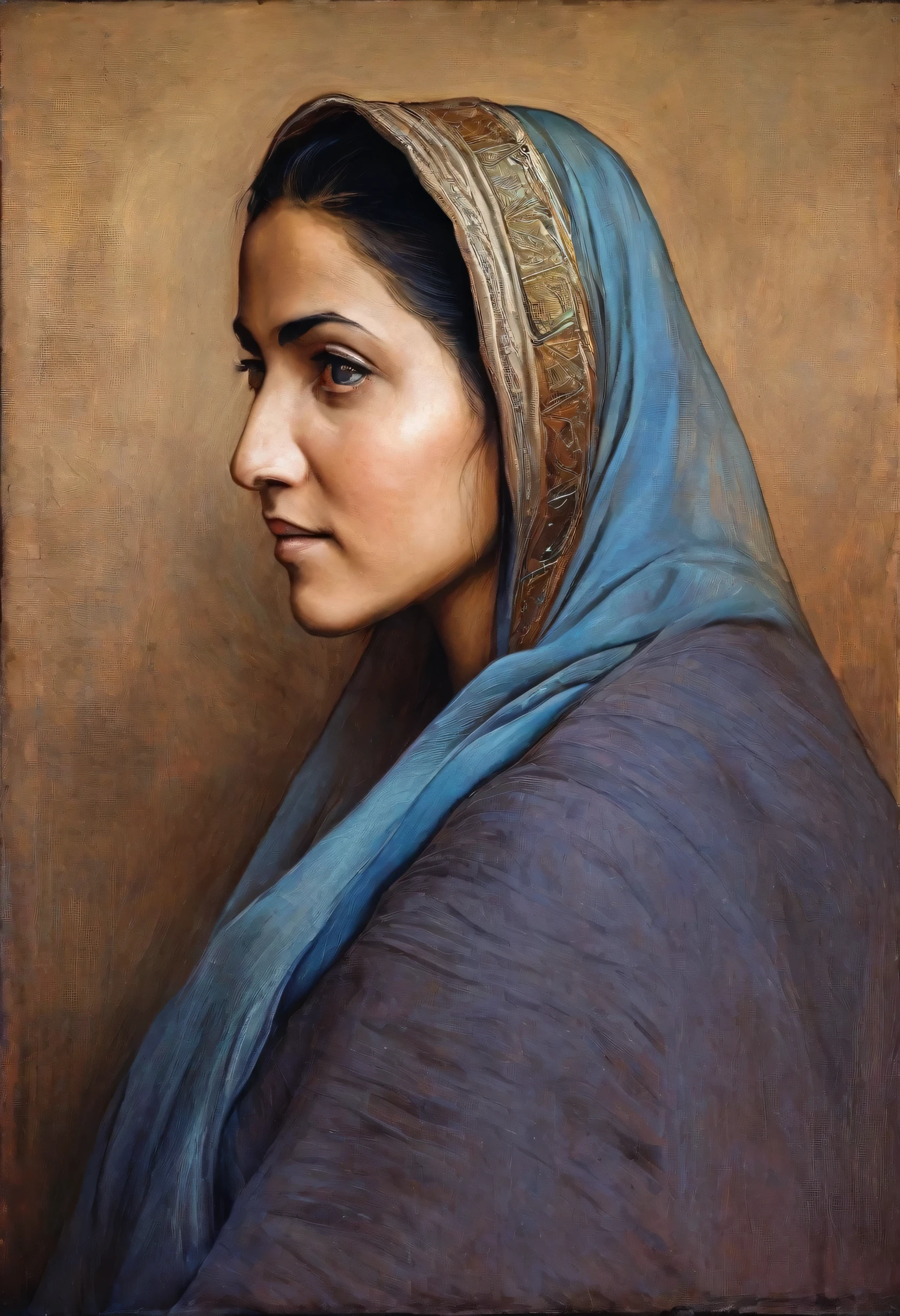 a beautiful Afghan woman, with typical clothes, detailed portrait, oil painting, wrinkled face, high quality, masterpiece, leonardo da vinci style, cinematic lighting, dramatic colors, chiaroscuro, photorealistic