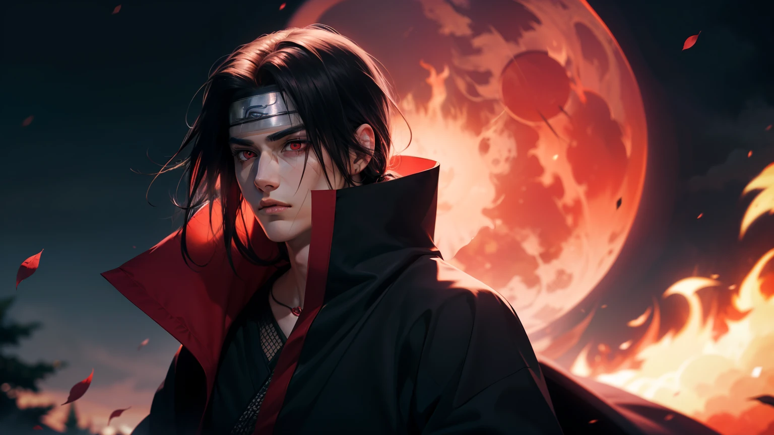 masterpiece, Detailed, a young man covered in black cape with red cloud drawing or akatsuki robe From Naruto, itachi uchiha, Red eyes, Upper Body, Ninja, Leaf headband, Red moon in the background, Red Theme, From Naruto, Long Hair, Wrapped in red flames