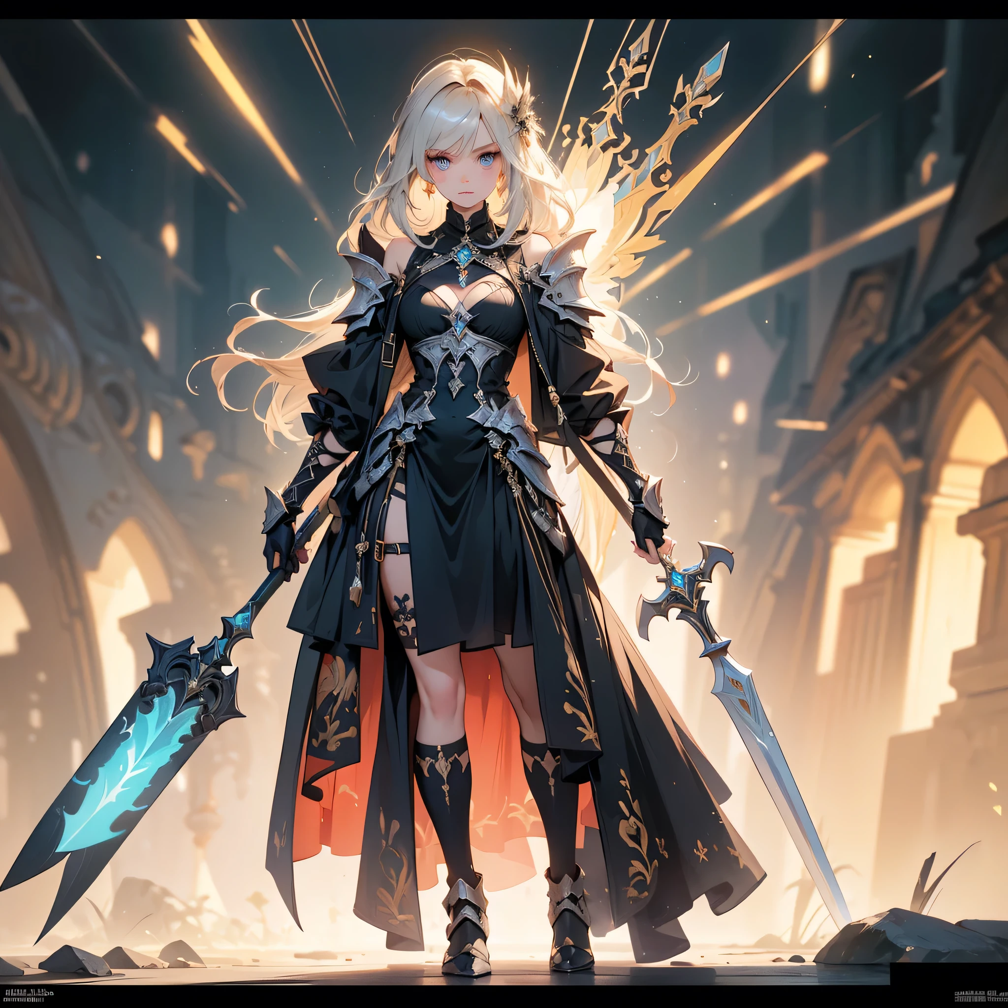 Design a layout showcase Gaming character, (1girl). Golden+Purle clothes, stylish and unique, ((showcase weapon:1.4)), magic staff, (masterpiece:1.2), (best quality), 4k, ultra-detailed, (Step by step design, layout art:1.5), (luminous lighting, atmospheric lighting), magican, ((glove full hands)), (((revealing clothes:1.3))), vambraces, armored legwear, (((full_body_shot:1.4)))