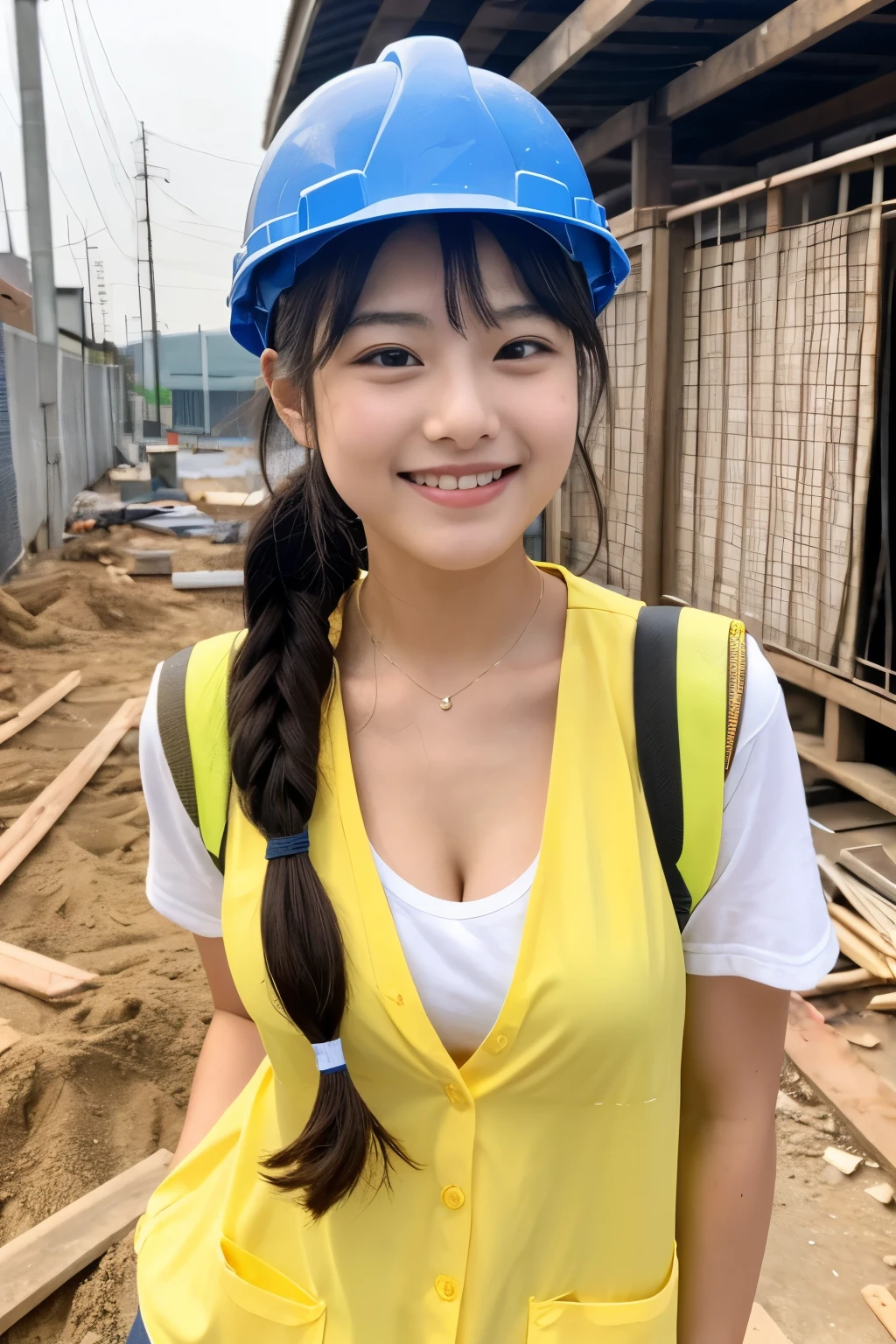 A 19-year-old girl with a very cute face like an idol.、Gentle and cute、A kind smile、Taking a break with workers at a building construction site、Yellow Helmet、Work clothes、Cleavage、彼女は暑いのでWork clothesの前を開けて下着がはっきり見える、whole body、RAW Photos、Genuine、Genuine、High resolution、Genuine Life