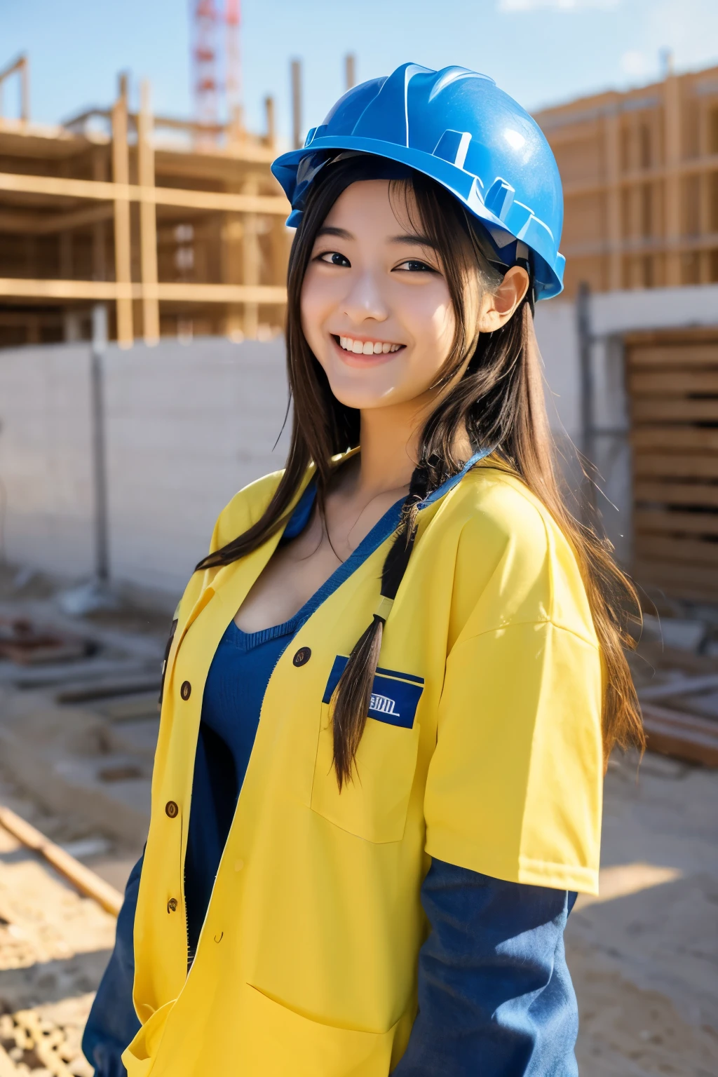 A 19-year-old girl with a very cute face like an idol.、Gentle and cute、A kind smile、Taking a break with workers at a building construction site、Yellow Helmet、Work clothes、Cleavage、彼女は暑いのでWork clothesの前を開けて下着がはっきり見える、whole body、RAW Photos、Genuine、Genuine、High resolution、Genuine Life