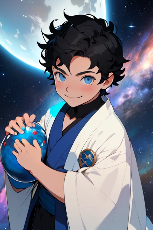 JEDI ROBE. masterpiece, best quality blue eyes, cg game, 1 boy, alone, male focus, looking at viewer, upper body, handsome ???, (???) Damian Wayne, short hair (jet black hair), tight blue eyes, smile, ((innocent and pure smile)), friendly expression, cute ???, ((Male ???))dark brown tight shirt, lean muscles, slightly toned, night, stars moon, nebulae, space city, Jedi robe, space city