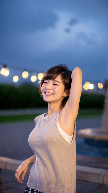 (8k、highest quality、masterpiece:1.2)、(Realistic、Photorealistic:1.37) High Resolution、（Posture with legs raised high:1.5）（mini skirt:1.5）Ultra-detailed、1 Asian Girl, cute, cute顔, solo, short hair1.2, Textured skin, Beautiful smile, Beautifully detailed skies, Detailed cafe, night, Light, Depth of written boundary, レンズフレアLight、Date、(Blushing your nose)、(Laughter:1.15)、(Mouth closed)Big ample breasts、Beautifully detailed eyes、(Sleeveless sweater:1.1)、night、Wet、Business Wear、rain、 uniform、(short hair:1.2)、Floating Hair Nova Frog Style、