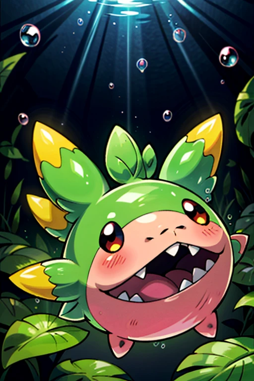 masterpiece, best quality, SFW, (safe for work),wide shot,1Digimon, solo, sharp teeth, elongated ears, wide mouth,tadpole shape, vaccine type digimon, pink, (A tadpole-like digimon, with very long ears, is breathing bubbles),digimon style,(in-training level digimon), dark forest background