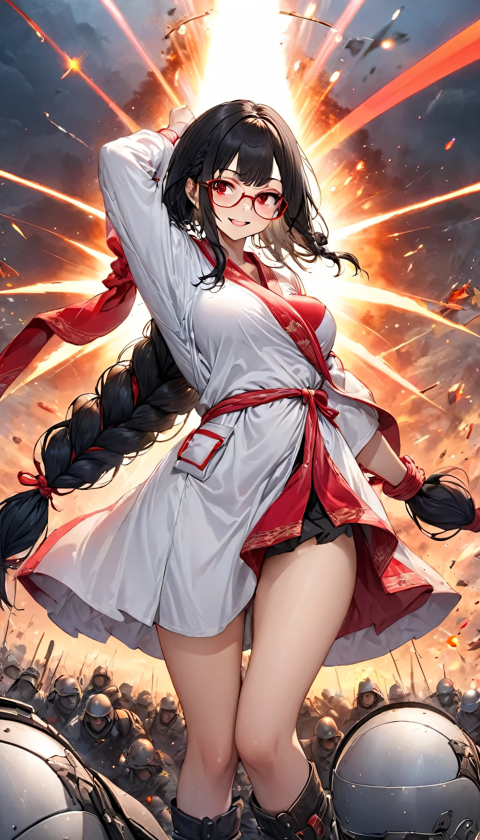 (solo long braid hair black hair cute femdom girl, detailed red eyes, angry smile, glasses, 18 yo, big:0.6 tits), (left arm up to sky), (left hand with Ball of red Light:1.4), (in a battle princess robe), BREAK, panoramic (in the battlefield), (background a Flare:1.4), perfect anatomy, masterpiece, best quality, 16k.