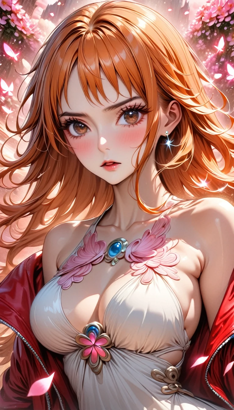 absurdres, highres, ultra detailed, HDR, master piece, best quality, Nami, long orange hair, expressive brown eyes, one piece, solo, woman, beautiful, white dress, red jacket, pink butterflies, petals, pink flowers, magical, fantasy, glittering, pink background