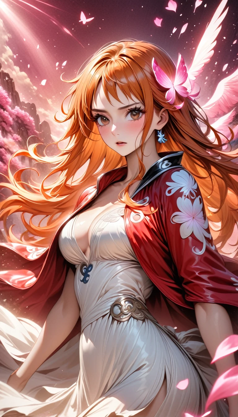 absurdres, highres, ultra detailed, HDR, master piece, best quality, Nami, long orange hair, expressive brown eyes, one piece, solo, woman, beautiful, white dress, red jacket, pink butterflies, petals, pink flowers, magical, fantasy, glittering, pink background