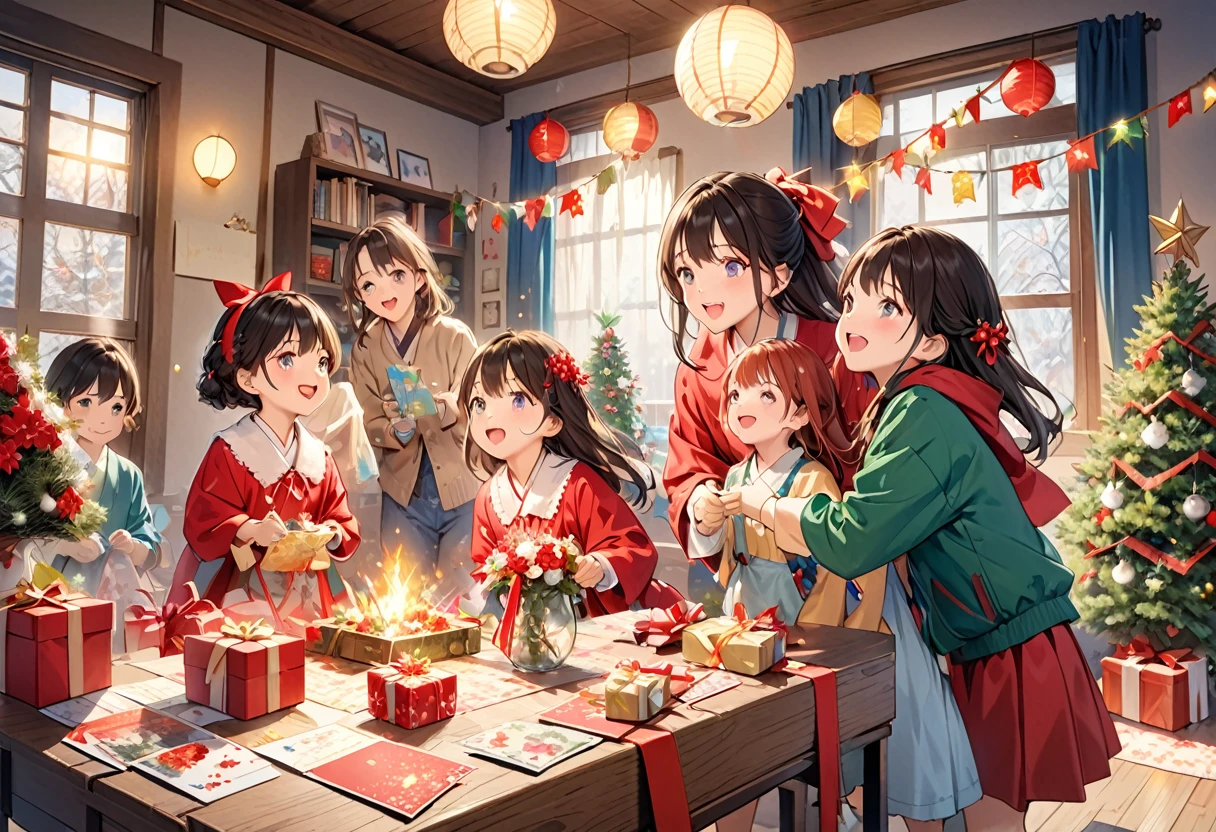 Masterpieces with up to 16K resolution:1.6), (Intricate details:1.4), (Very crazy details:1.4),(highest quality:1.3). | present交換, present手渡し, Realistic,gift,table,Decorations,wrapping ,ribbon,present,Holiday spirit,Vibrant colors,Warm lighting,Cozy atmosphere,toy,card,Joyful,celebration,Exquisite detail,An exciting surprise,光沢のあるDecorations,Sparkling,Beautifully packaged,Excited kids,Expectations,Fun moments,Great memories,Family Gatherings,Bright Face,abundance of present,High resolution,超High resolution,Studio Lighting,Ultra-fine painting,Sharp focus,Physically Based Rendering,Professional,Vibrant colors,Bokeh.