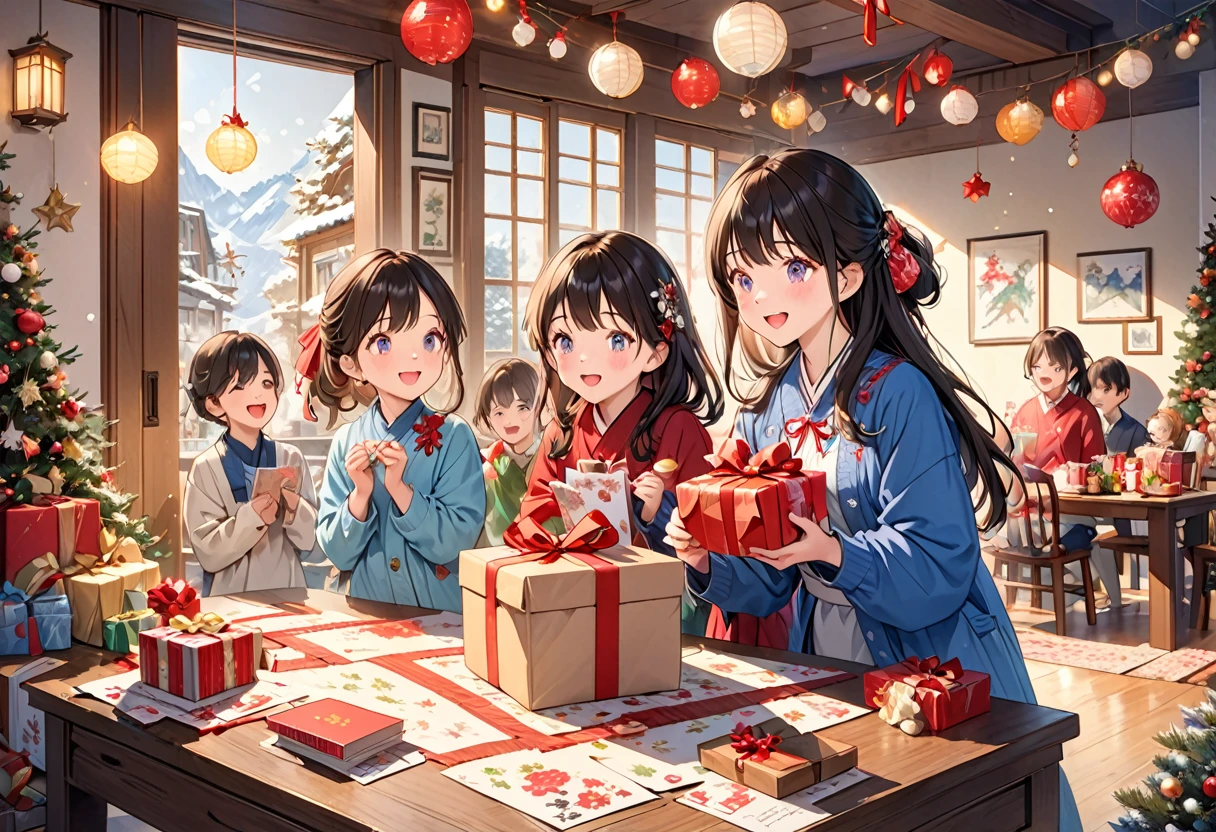 Masterpieces with up to 16K resolution:1.6), (Intricate details:1.4), (Very crazy details:1.4),(highest quality:1.3). | present交換, present手渡し, Realistic,gift,table,Decorations,wrapping ,ribbon,present,Holiday spirit,Vibrant colors,Warm lighting,Cozy atmosphere,toy,card,Joyful,celebration,Exquisite detail,An exciting surprise,光沢のあるDecorations,Sparkling,Beautifully packaged,Excited ,Expectations,Fun moments,Great memories,Family Gatherings,Bright Face,abundance of present,High resolution,超High resolution,Studio Lighting,Ultra-fine painting,Sharp focus,Physically Based Rendering,Professional,Vibrant colors,Bokeh.