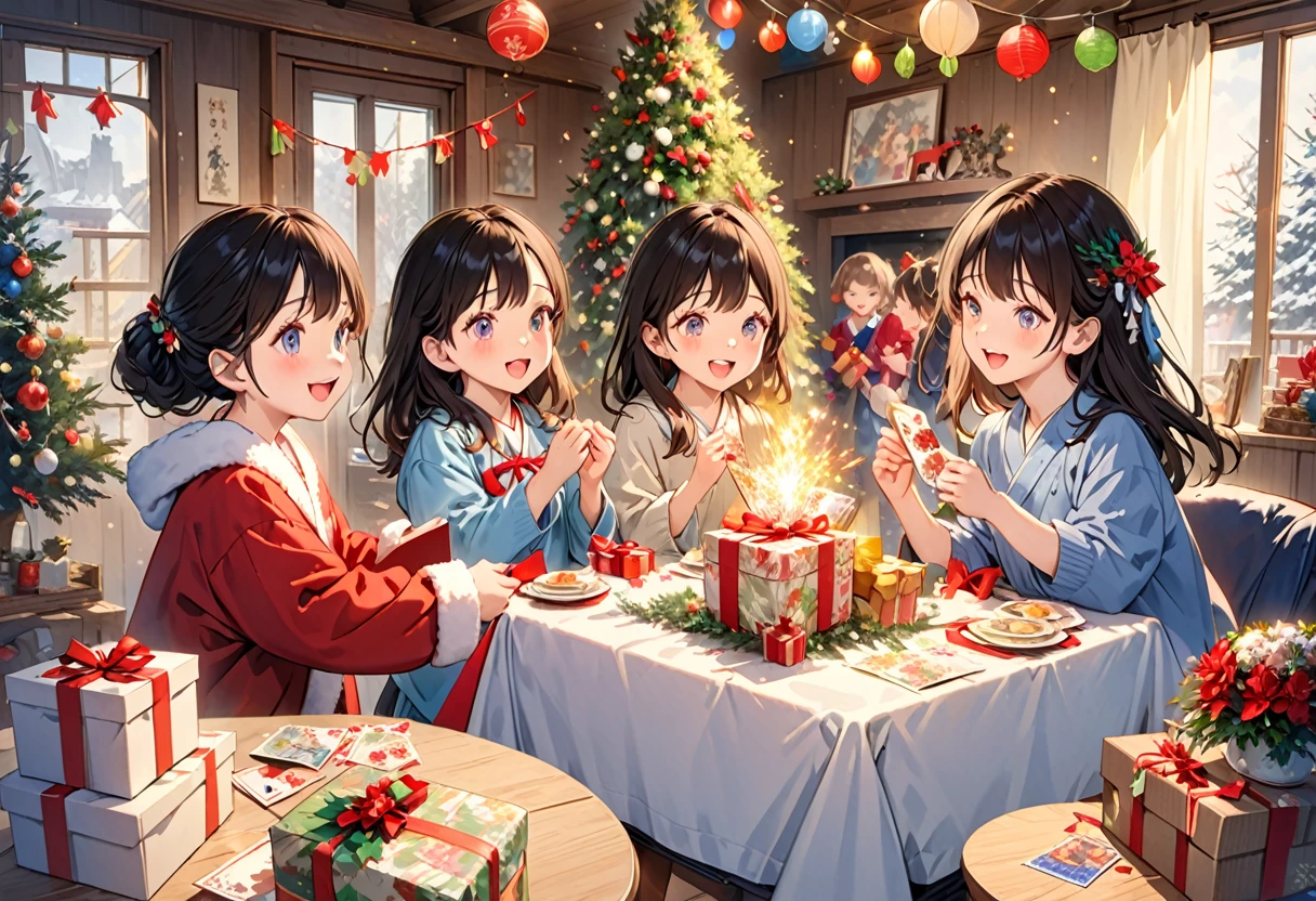 Masterpieces with up to 16K resolution:1.6), (Intricate details:1.4), (Very crazy details:1.4),(highest quality:1.3). | present交換, present手渡し, Realistic,gift,table,Decorations,wrapping ,ribbon,present,Holiday spirit,Vibrant colors,Warm lighting,Cozy atmosphere,toy,card,Joyful,celebration,Exquisite detail,An exciting surprise,光沢のあるDecorations,Sparkling,Beautifully packaged,Excited kids,Expectations,Fun moments,Great memories,Family Gatherings,Bright Face,abundance of present,High resolution,超High resolution,Studio Lighting,Ultra-fine painting,Sharp focus,Physically Based Rendering,Professional,Vibrant colors,Bokeh.