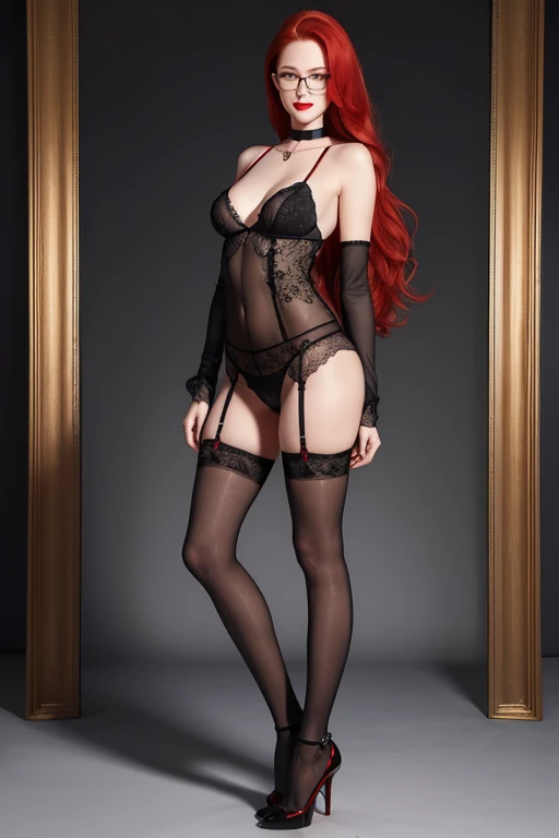 (full body:1.4), Tall, slender ((redhead)) woman of Irish descent. (pale:1.3)complexion. blue eyes, cute butt, nice legs. Kind eyes, naughty smile. Eyeglasses, red lipstick, choker. Sheer lace lingerie, (black stockings), stiletto heels. (Aroused).