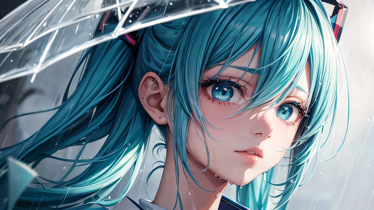 miku hatsune : 1.3, Blue Hair: , Cinema Lighting, Surrealism, Ultra-high resolution, Accurate, Super detailed, Textured skin, High detail, highest quality, 8k,Thin bangs, Detailed Hair,Focus on the face,Rainy Town,Wet clothes,rain,Cute clothes,