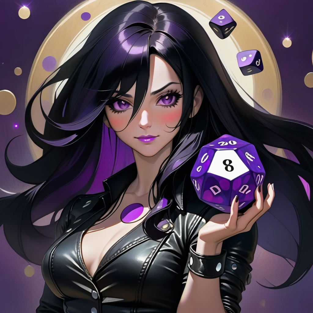 A jovial, muscular adult woman, wearing black leather clothing with purple circles on the outfit. She has long black hair styled. Her gaze is somber, with an air of mystery. She is holding a big d20 dice.