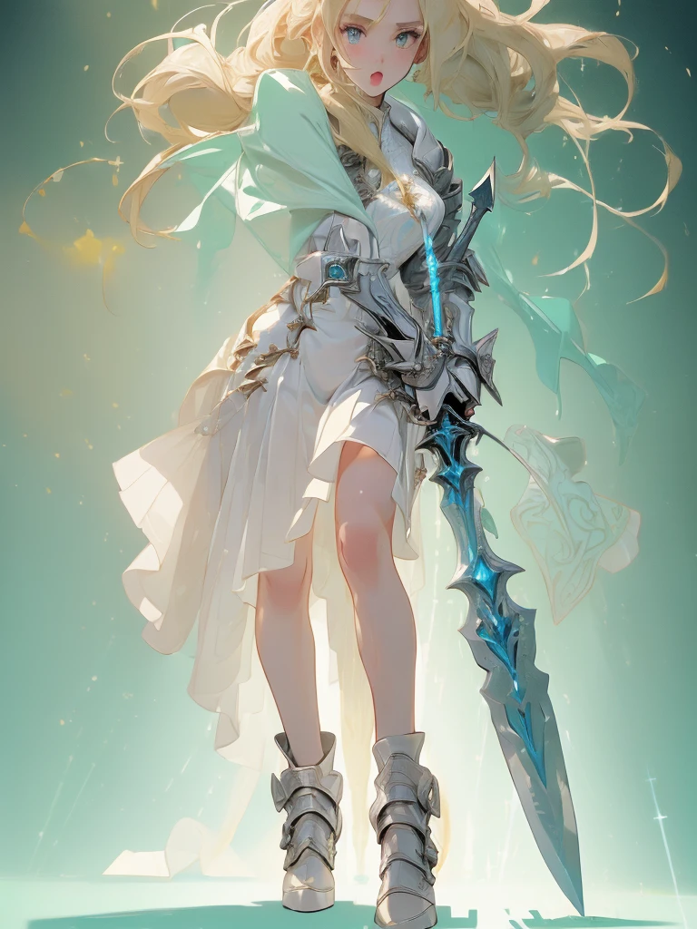 Design a layout showcase Gaming character, (1girl). Golden+Purle clothes, stylish and unique, ((showcase weapon:1.4)), magic staff, (masterpiece:1.2), (best quality), 4k, ultra-detailed, (Step by step design, layout art:1.5), (luminous lighting, atmospheric lighting), magican, ((glove full hands)), (((revealing clothes:1.3))), vambraces, armored legwear, (((full_body_shot:1.4)))