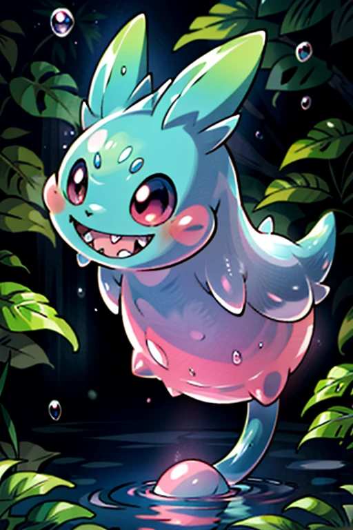 masterpiece, best quality, SFW, (safe for work),wide shot,1Digimon, solo, sharp teeth, elongated ears, wide mouth,tadpole shape, vaccine type digimon, pink, (A slime-like digimon, with very long ears, is breathing bubbles),digimon style,(in-training level digimon), dark forest background