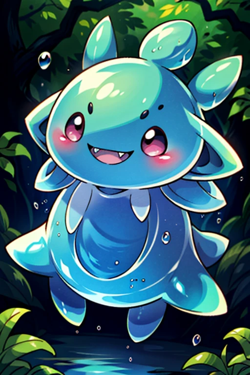 masterpiece, best quality, SFW, (safe for work),wide shot,1Digimon, solo, sharp teeth, elongated ears, wide mouth,tadpole shape, vaccine type digimon, pink, (A slime-like digimon, with very long ears, is breathing bubbles),digimon style,(in-training level digimon), dark forest background
