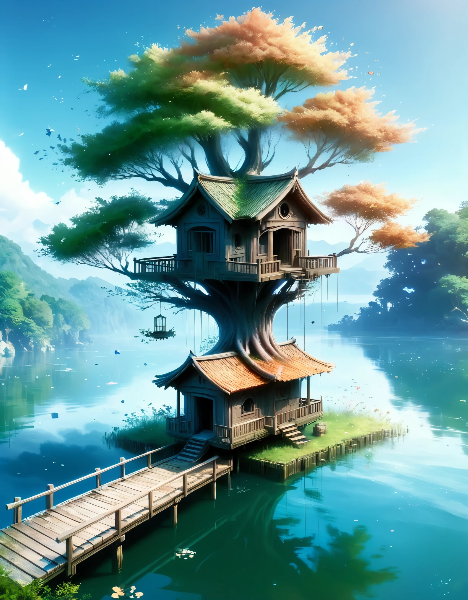 a tree house in the middle of a lake, realistic anime style at pixiv, shintoism, in the style of ross tran, twisting trees, discord profile picture, miyazaki's animated film, computer game art, digital art - w 640, an ai generated image, with ancient chinese aesthetic, on amino, 2 d cg