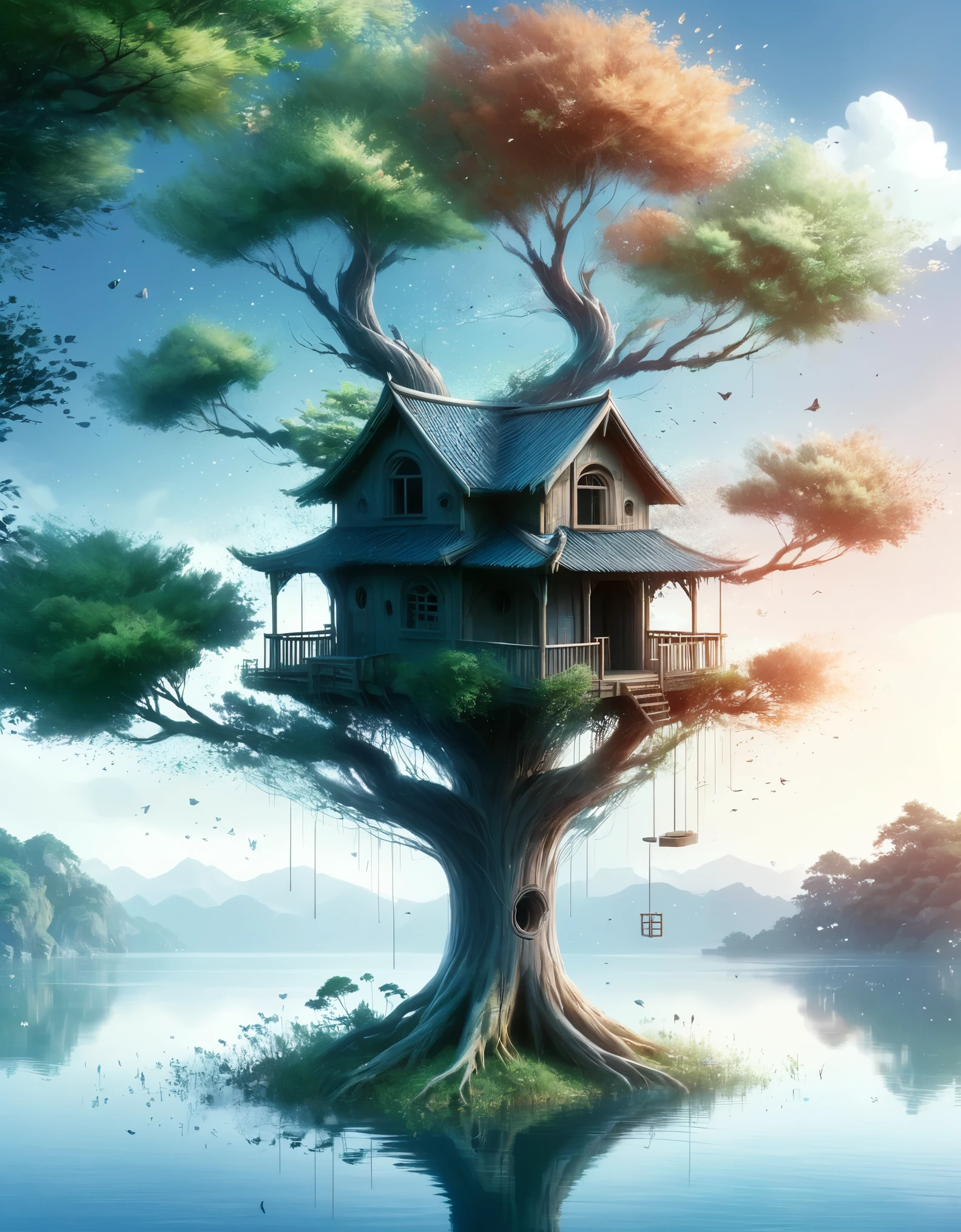 a tree house in the middle of a lake, realistic anime style at pixiv, shintoism, in the style of ross tran, twisting trees, discord profile picture, miyazaki's animated film, computer game art, digital art - w 640, an ai generated image, with ancient chinese aesthetic, on amino, 2 d cg