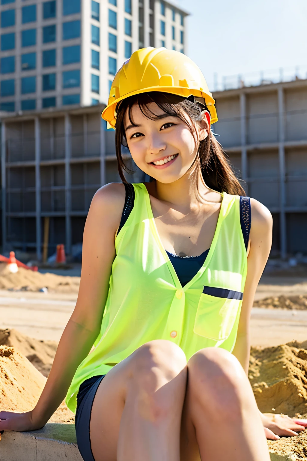 A 19-year-old girl with a very cute face like an idol.、Gentle and cute、A kind smile、Sitting and taking a break with workers at a building construction site、Yellow Helmet、Work clothes、Cleavage、彼女は暑いのでWork clothesの前を開けている、Her underwear is clearly visible、whole body、RAW Photos、Genuine、Genuine、High resolution、Genuine Life